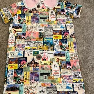 Disney Colorful Graphic Print Dress with Pink Collar